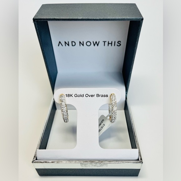 And Now This Jewelry - And Now This High Polished Hinged Crystal Pave Hoop Earring, Gold Plate